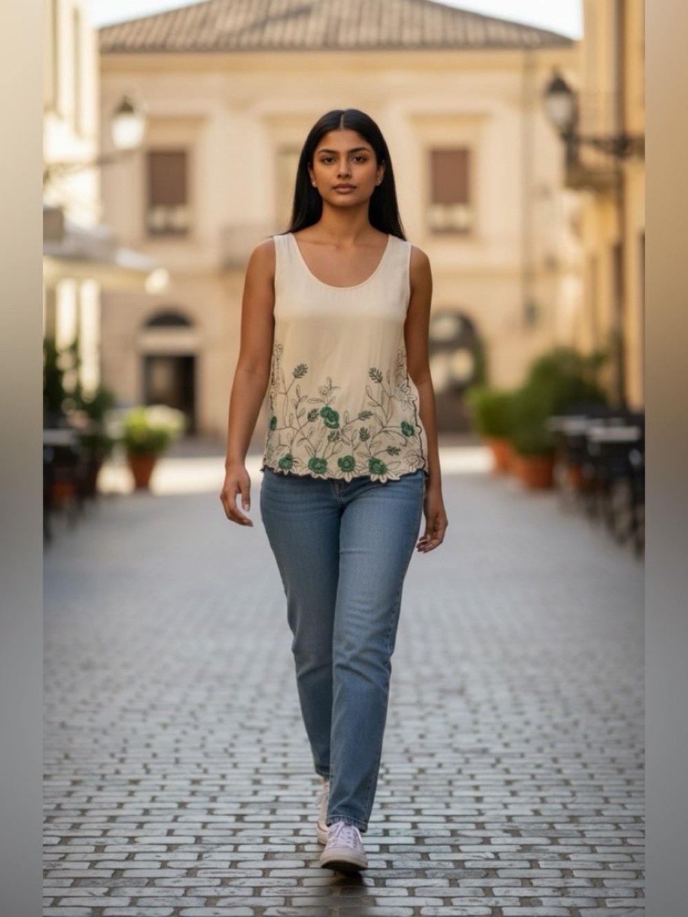 Anthropologie Left of Center Beige, Copper Embroidered, Green Beaded Top, Size S